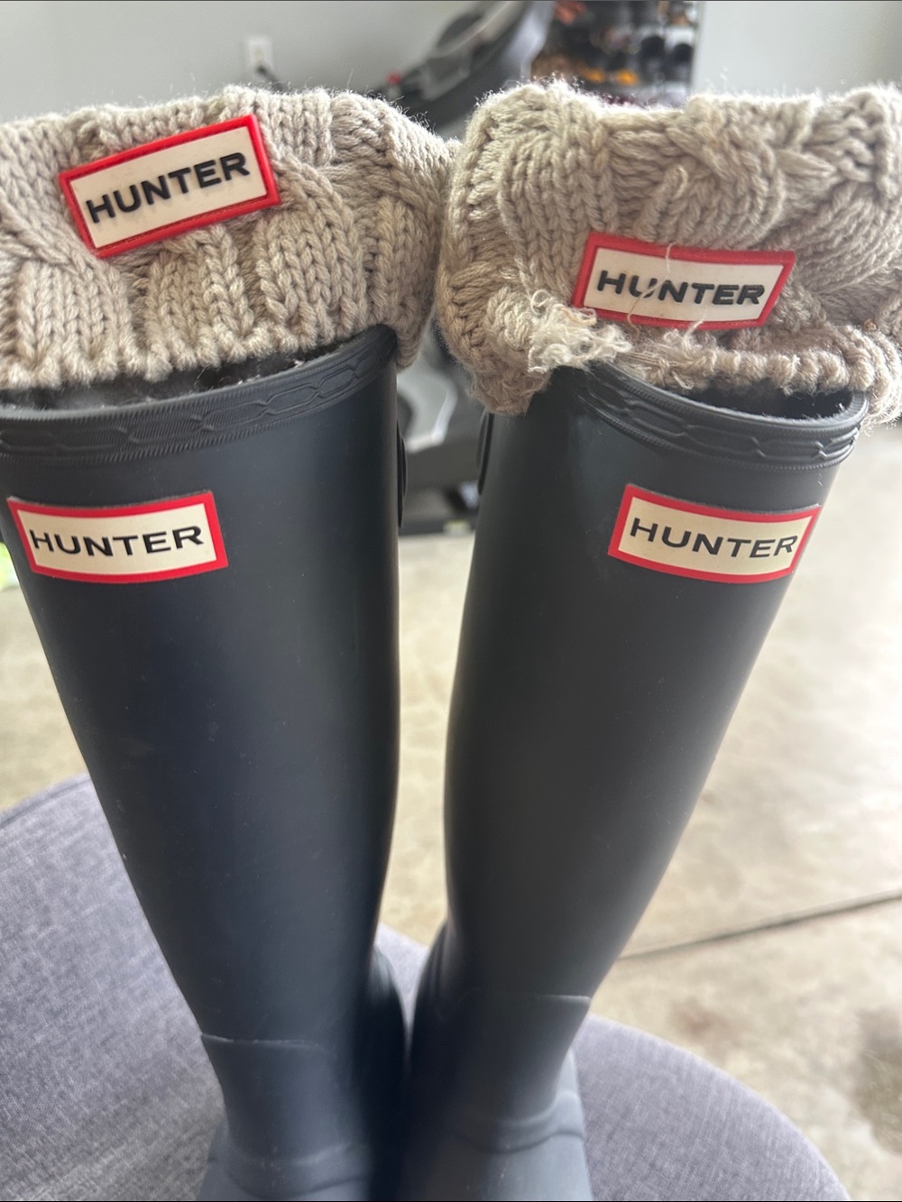 Hunter Black Rain Boots with Cream Knit Cuffs - Picture 5 of 11